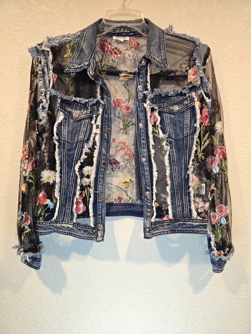 Paris Size M Embroidered Sheer Floral Denim Jacket - Blue with Multicolor Flower